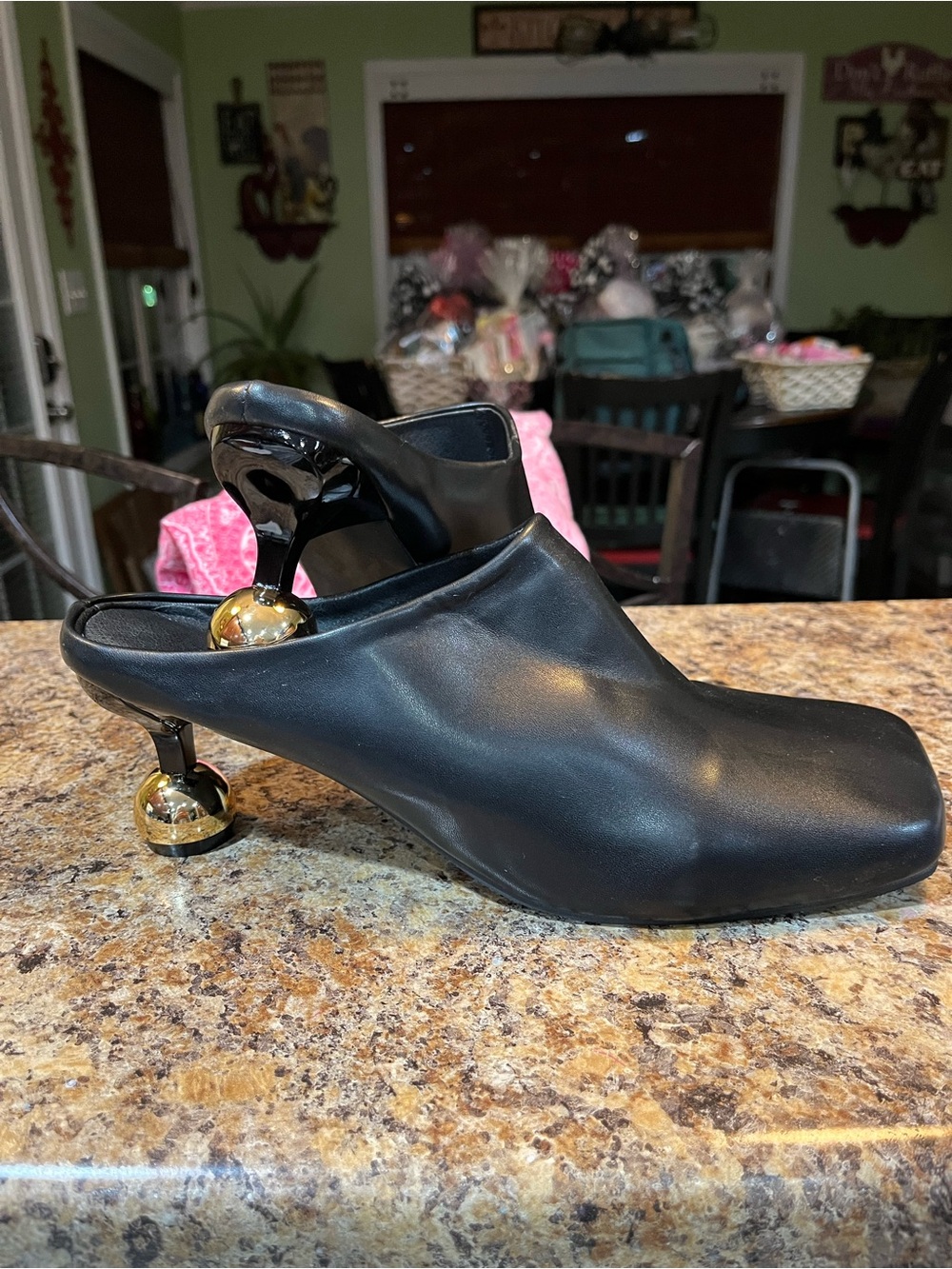 Black Leather Mule Heels with Gold Accent